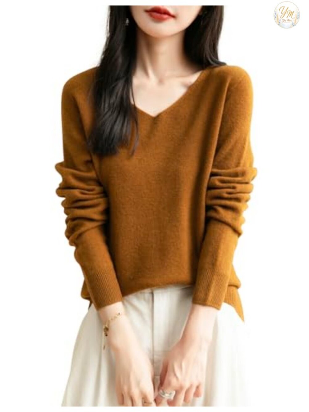 Women's Merino Wool V-Neck Long Sleeve Seamless Knit Pullover Sweater